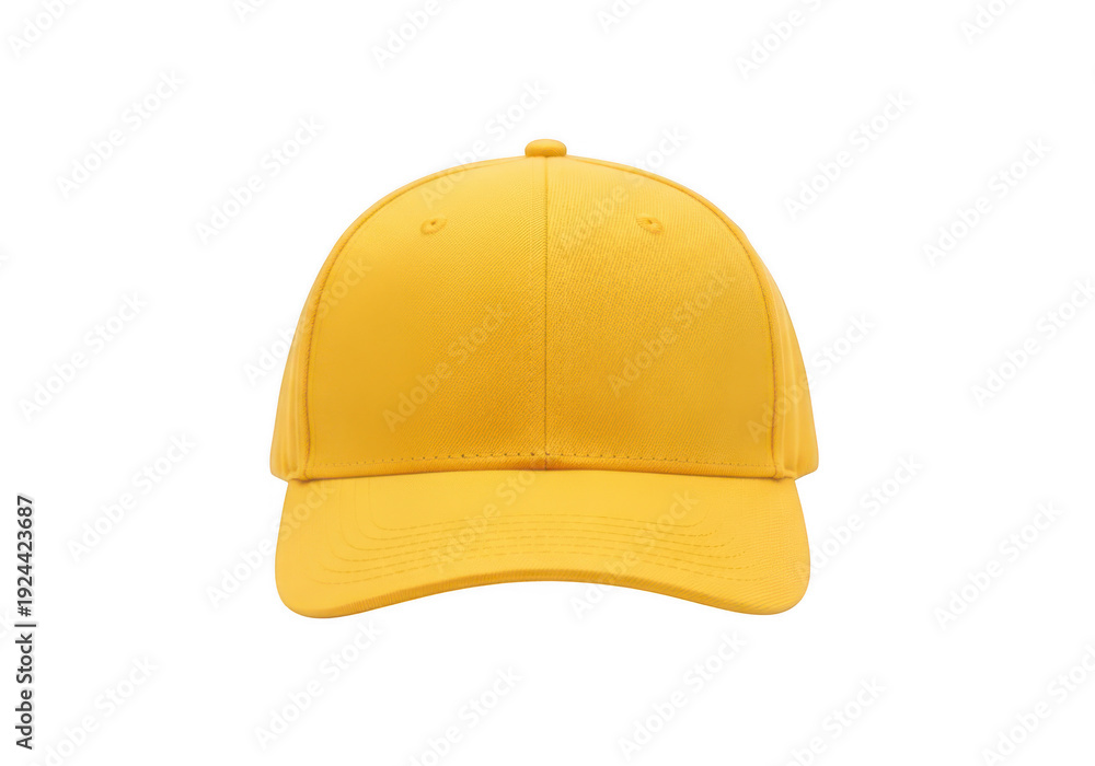 Fototapeta premium Bright yellow baseball cap with a curved brim and adjustable strap isolated on transparent background