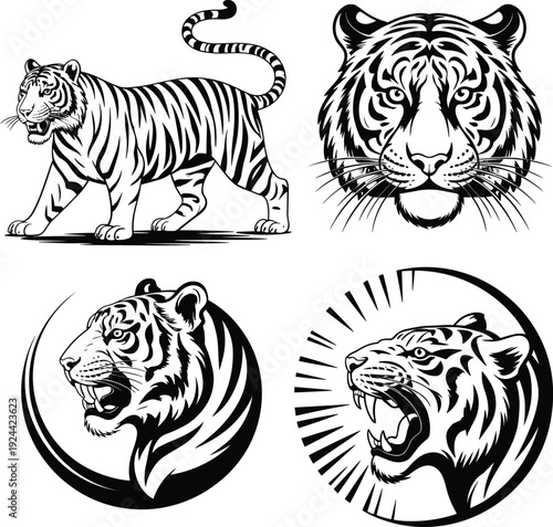 Tiger Head Mascot Vector Set Featuring Roaring Bengal Predator Logos Tribal Tattoo Silhouette Graphics and Wild Animal Emblems on White Background