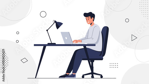 Man Working on Laptop at Desk, Modern Office Environment, Remote Work Concept