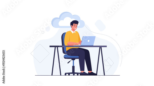 Man working on laptop at desk, cloud computing concept, modern office illustration