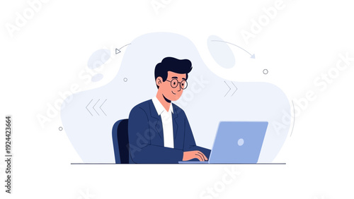 Man working on laptop computer, modern office illustration