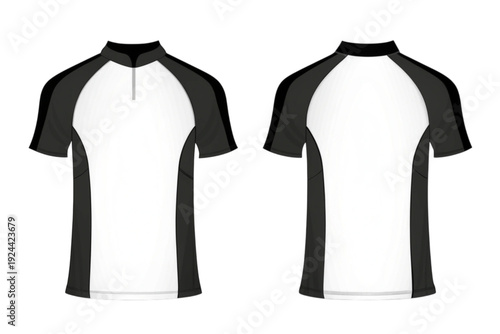 Black and white short sleeved shirt with mock neck and side panels