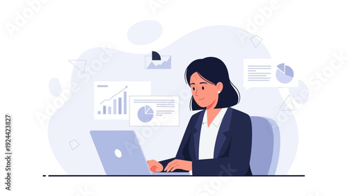 Businesswoman working on laptop with data charts and graphs in background