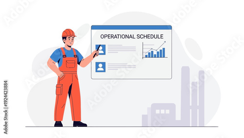 Construction Worker Presenting Operational Schedule with Growth Chart