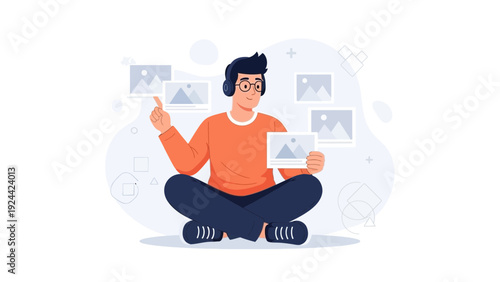 Creative man meditating with digital images, brainstorming ideas, graphic design concept