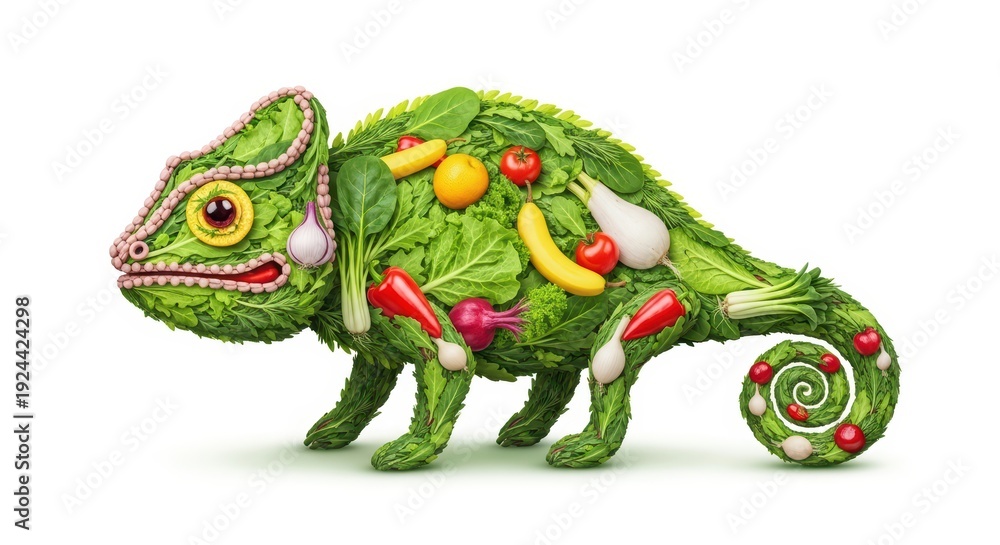 Fototapeta premium Creative chameleon made of fresh vegetables and fruits