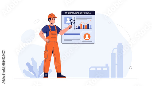 Construction worker pointing at operational schedule board with charts and graphs