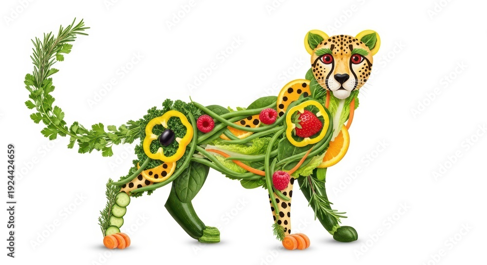 Fototapeta premium Creative cheetah made of fresh vegetables and fruits