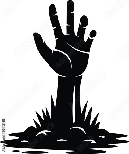 Zombie hand silhouette illustration, spooky graveyard artwork, eerie Halloween design, undead rising scene, dark atmospheric poster, creepy haunted cemetery sketch