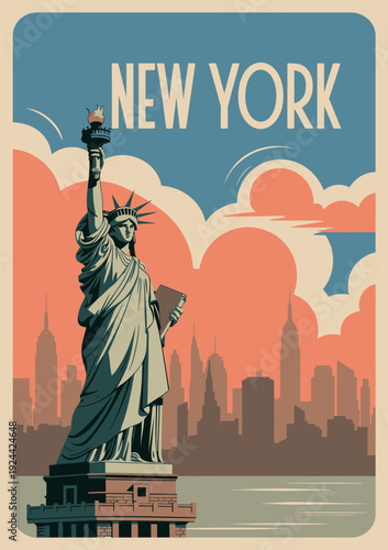 new york retro poster illustration, vintage travel city design with classic skyline composition, nostalgic urban typography style artwork for tourism promotion and decorative print concept.