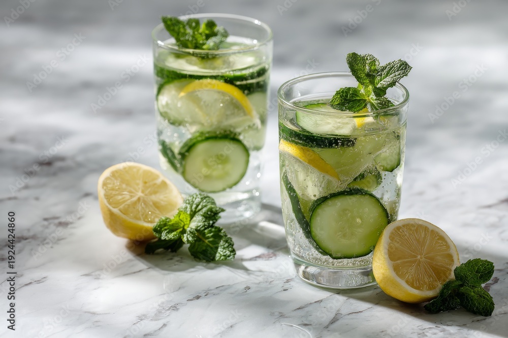 Fototapeta premium Refreshing Detox Water Made With Cucumber, Lemon, and Mint Served in Glasses on a Marble Surface During Daytime Generative AI