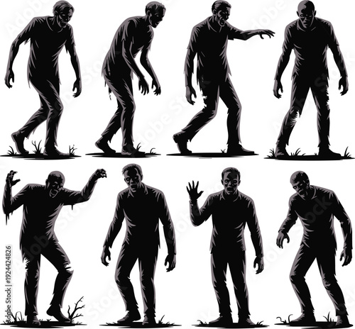 Zombie silhouettes illustration, horror character drawing, undead figure outline, Halloween design reference, creepy shadow artwork, graveyard scene, spooky walking poses