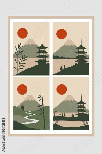 Minimalist Japanese landscapes with pagoda, Mount Fuji, and red sun. Modern Zen art posters for wall decor.