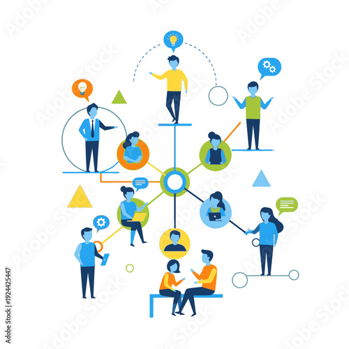 Business strategy and decision making process illustration with people and icons.
