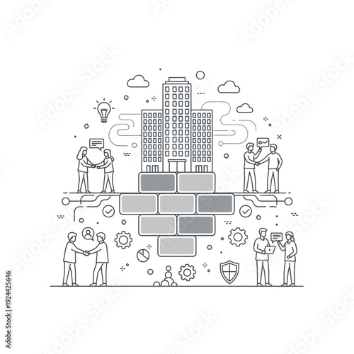 Business strategy and decision making process illustration with people and icons.