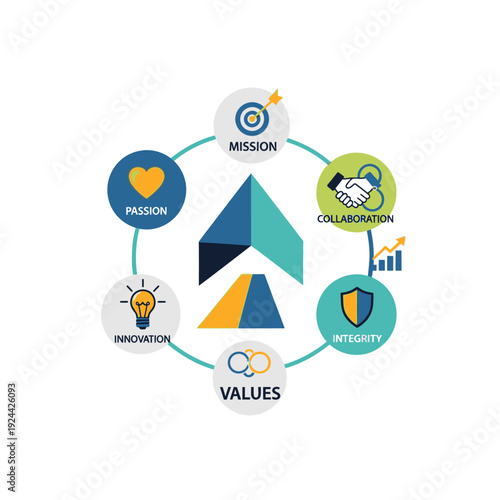 Business strategy and decision making process illustration with people and icons.