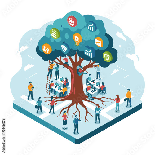 Business strategy and decision making process illustration with people and icons.