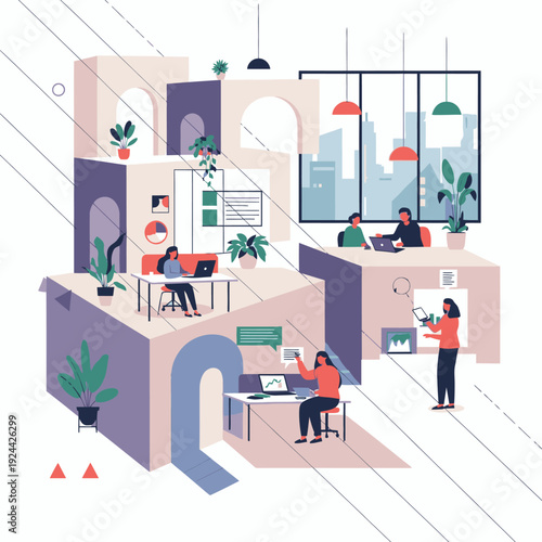 Business strategy and decision making process illustration with people and icons.