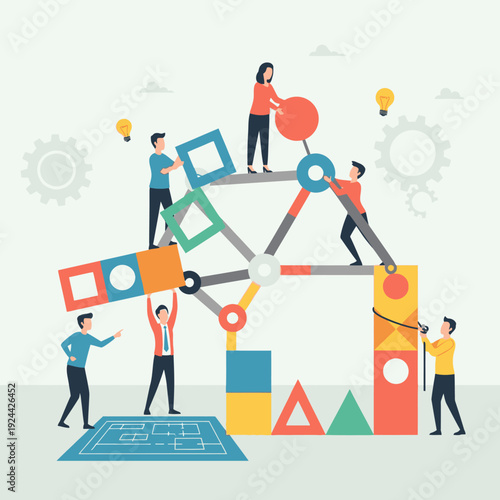 Business strategy and decision making process illustration with people and icons.