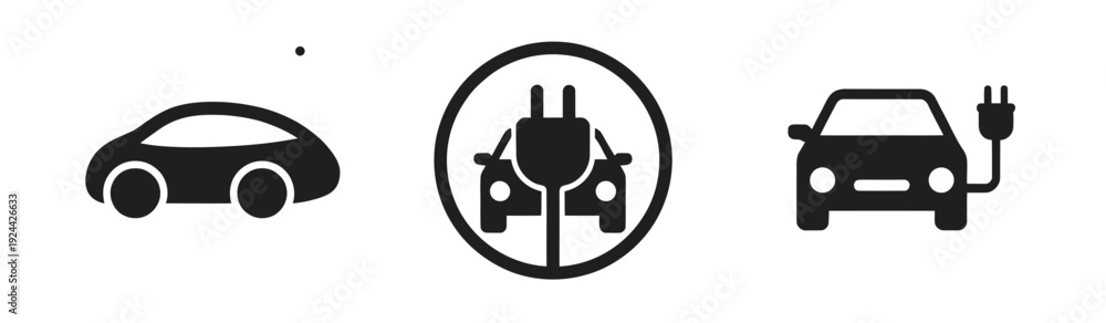 Fototapeta premium Electric car charging icon set, EV station, plug and socket, hybrid and green electric cars, vector symbols, stock illustration collection.