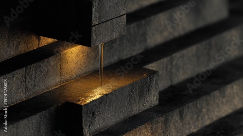 Golden Water Flow in Stone Wall: Close-up of water gracefully flowing down a textured stone wall, the water illuminated, creating a mesmerizing play of light and shadow.