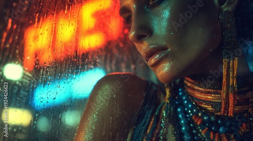 Rainy Night Reflections: A captivating figure, illuminated by the city lights, gazes pensively through a rain-streaked window. The blurred neon signs create a cinematic atmosphere.