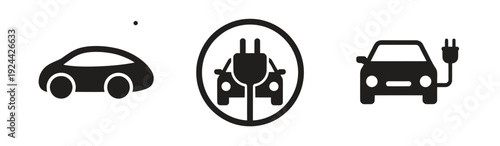 Electric car charging icon set, EV station, plug and socket, hybrid and green electric cars, vector symbols, stock illustration collection.