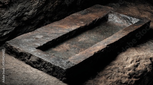 Ancient Stone Trough: An aged stone trough, marked by time and nature, rests in a natural setting, evoking a sense of history and quiet utility.