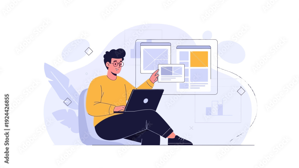 Fototapeta premium Man working on laptop, designing website interface, flat illustration style