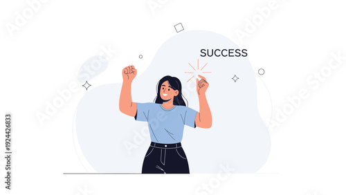 Woman celebrating success, achievement, victory, goal reached, winning, happy, positive emotion, modern illustration