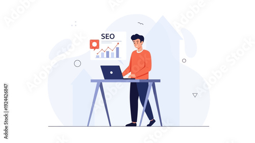 Man working on laptop with SEO graph, digital marketing concept