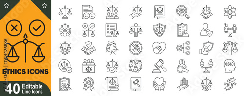 Ethics line icons set. Justice, integrity, equality, compliance & human rights. Editable stroke outline vector collection for corporate governance & moral values design.