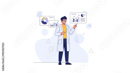 Scientist presenting data charts and graphs in modern flat illustration style