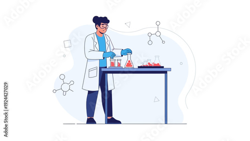 Scientist Working in Laboratory with Chemical Flasks and Molecules