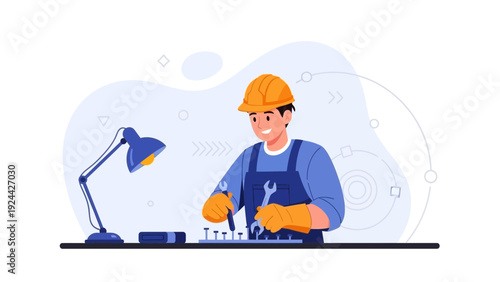 Skilled technician working on mechanical parts with tools, illustration