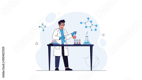 Scientist working in laboratory with chemical reactions and molecules