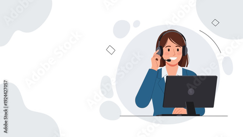 Smiling Woman with Headset at Computer - Customer Service Representative