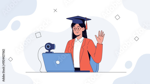Student graduating online via video call, waving hello, wearing graduation cap