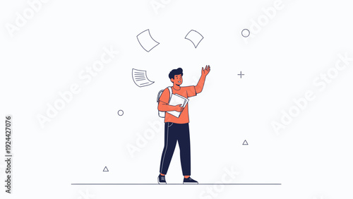 Student Juggling Papers and Books, Studying or Learning Concept Illustration