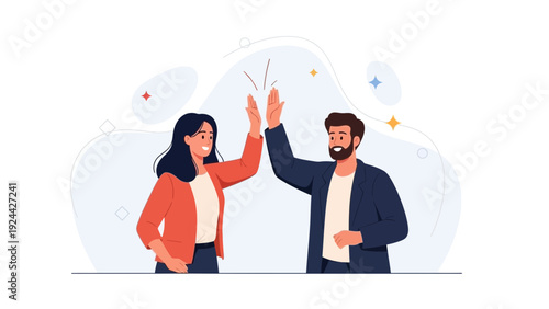 Teamwork success, business partners high five, celebrating achievement, flat illustration