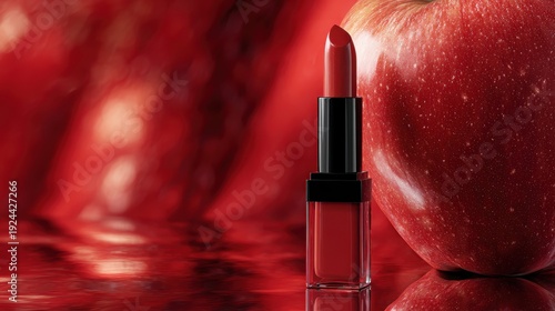 Crimson Allure: A striking composition featuring a vibrant red lipstick next to a succulent red apple, set against a background of rich red hues.