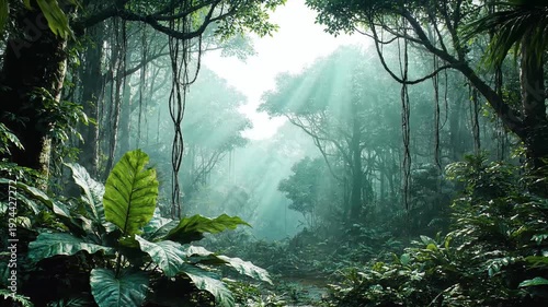 Sunlight streaming through the lush green canopy of a tropical rainforest, creating a mystical and serene atmosphere.