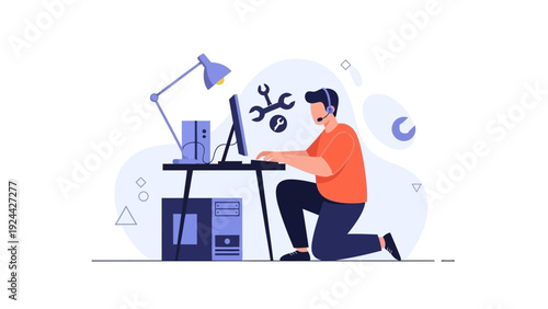 Tech Support Specialist Working on Computer with Tools