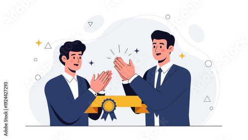 Two businessmen clapping hands, celebrating award and success with a golden ribbon