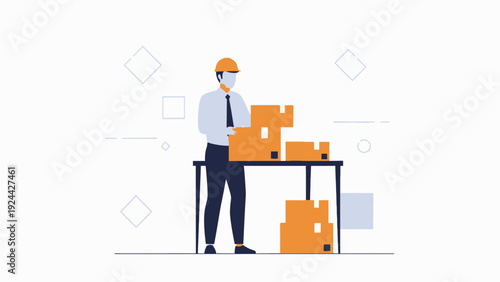 Warehouse worker packing boxes on a table, logistics and delivery concept