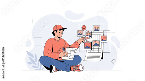 Graphic designer planning project with mood board, brainstorming ideas