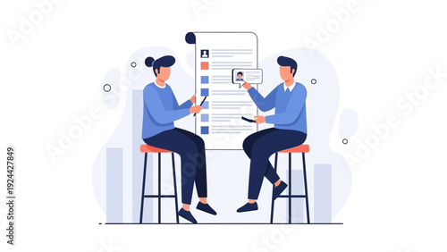 Job Interview Process: HR and Candidate Reviewing Resume - Flat Illustration