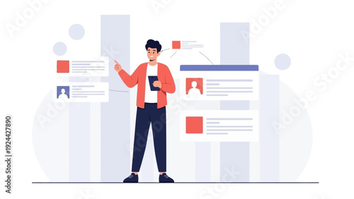 Man analyzing data and information on digital screens, data visualization concept