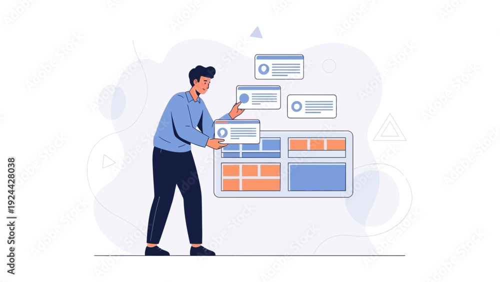Fototapeta premium Man arranging digital interface elements for website or app design, UIUX concept