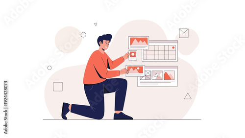 Man arranging website interface elements, UI/UX design, web development concept